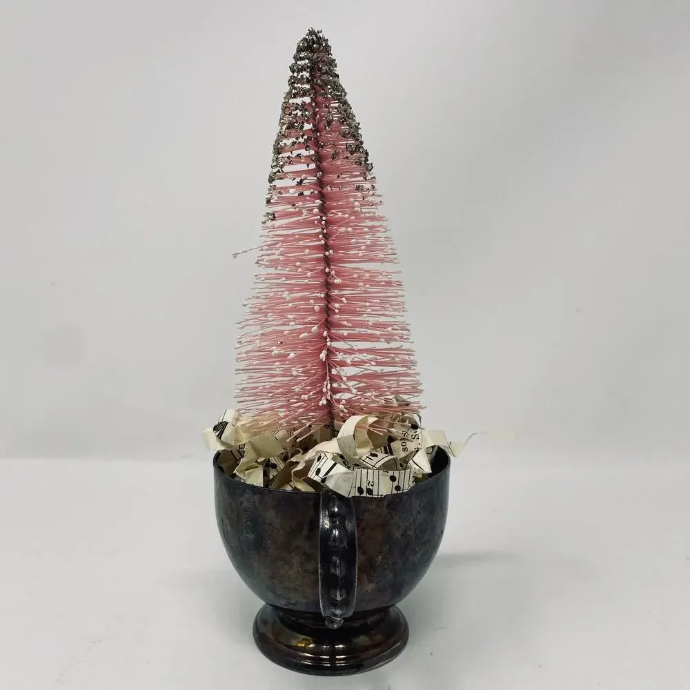 Vintage silver plated tea cup with pink bottle brush tree with gold glitter